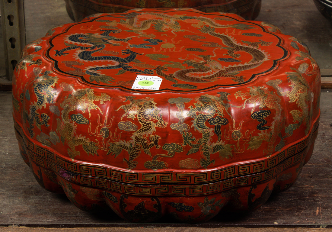 Appraisal: POLYCHROME LACQUERED 'DRAGON' BOX Polychrome lacquered 'dragon' box width