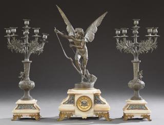 Appraisal: Three Piece Patinated Spelter Champleve and Alabas Three Piece Patinated