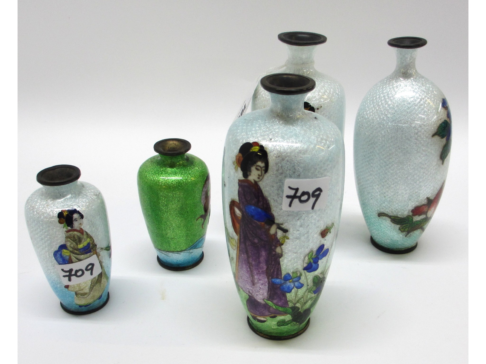 Appraisal: Five Japanese cloisonne vases to include three decorated with geishas