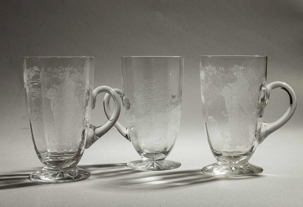 Appraisal: Three Large Etched Mugs Collection of three large etched handled