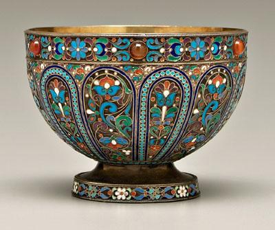 Appraisal: Russian cloisonne silver bowl pedestal foot six applied amber-colored cabochon