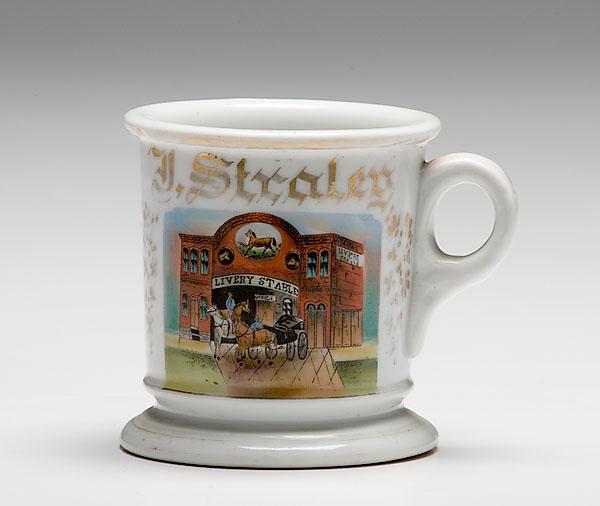 Appraisal: WONDERFUL OCCUPATIONAL SHAVING MUG OF LIVERY STABLE OWNER porcelain with