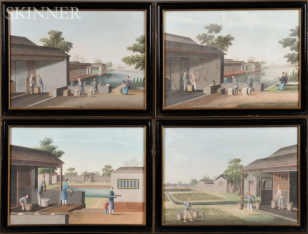 Appraisal: Four Export Gouache Paintings China th century depicting living quarters