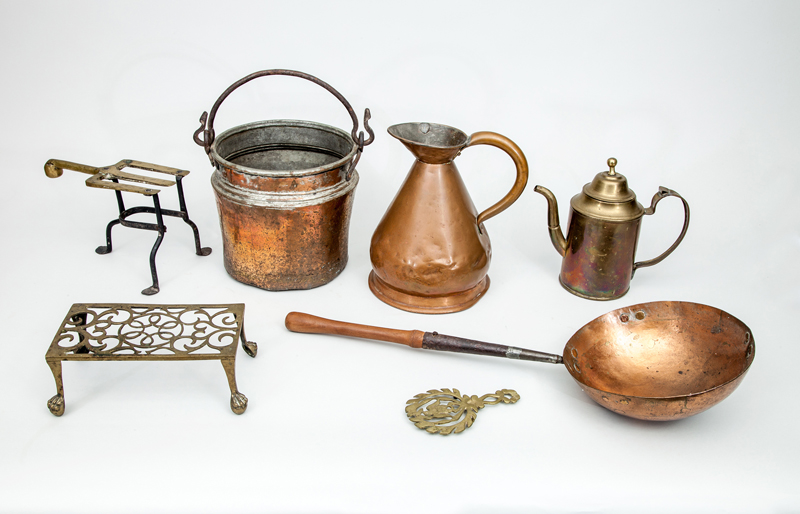 Appraisal: GROUP OF METAL UTENSILS Comprising a wood-handled copper pan a