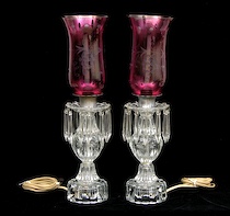 Appraisal: A Pair Of Molded Glass Lamps with Hurricanes ca Mid-