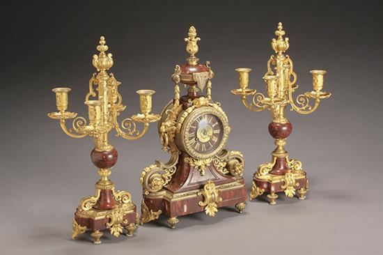 Appraisal: Louis XV Style Ormolu Mounted Griotte Uni Marble Three-Piece Clock