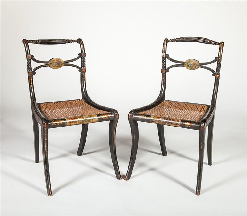 Appraisal: Pair of Regency Black Painted and Caned Side Chairs x