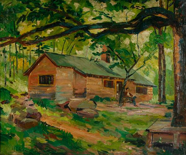 Appraisal: Sui Wesley Chan American Man by a Cabin signed and