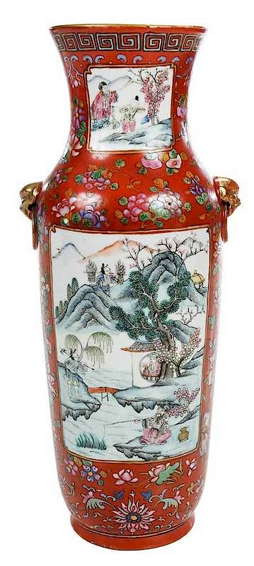 Appraisal: Chinese Enameled Iron Red Vase possiby Republic period finely decorated