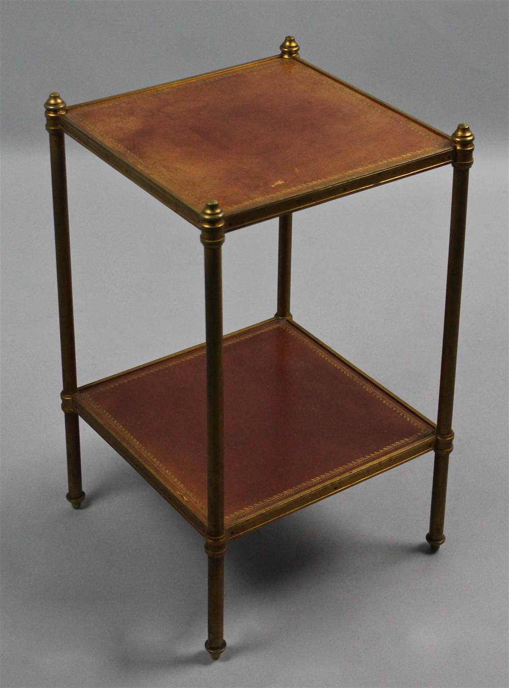 Appraisal: NEOCLASSICAL STYLE BRASS AND EMBOSSED LEATHER TWO TIER SIDE TABLE