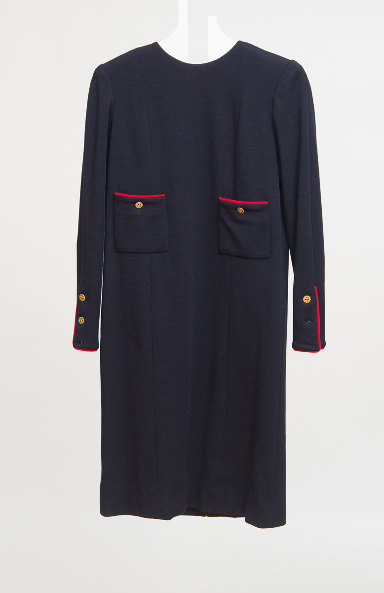 Appraisal: CHANEL NAVY WOOL DAY DRESS WITH RED PIPING AND GOLD