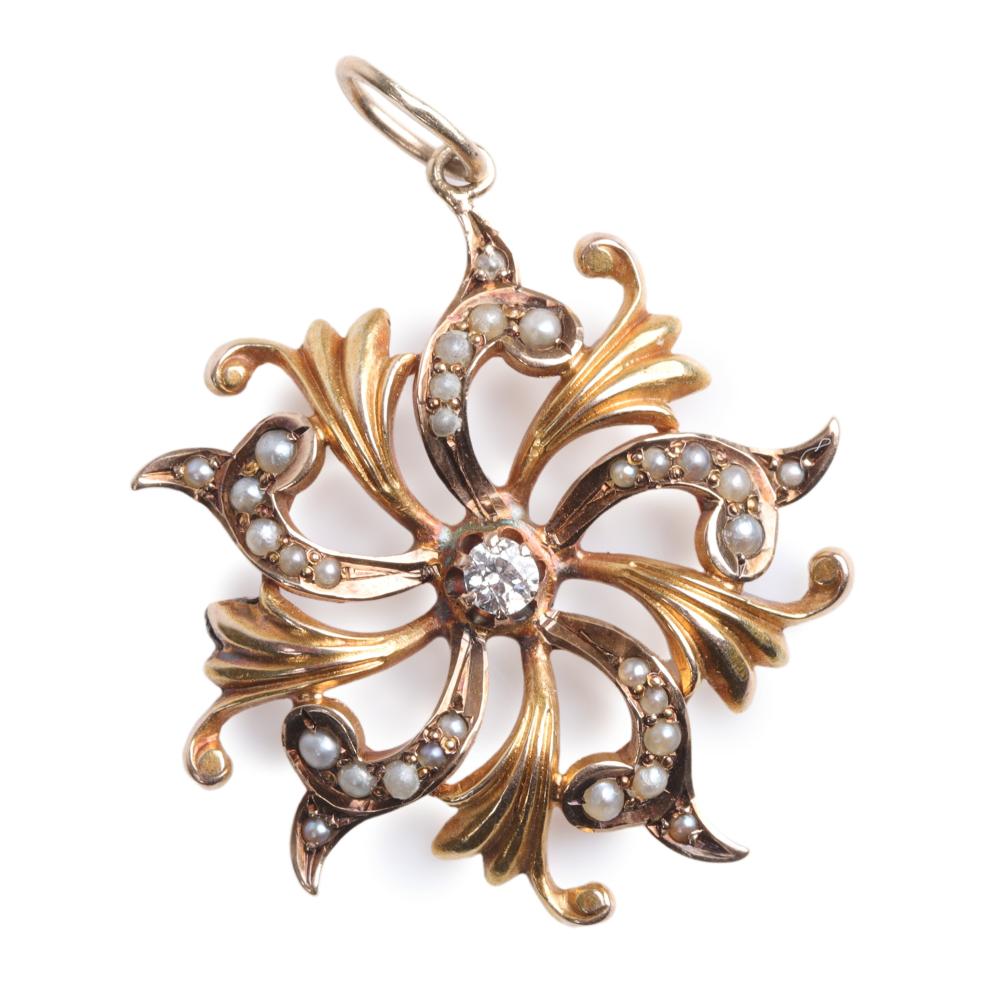 Appraisal: Antique Victorian K gold diamond and seed pearl starburst pendant