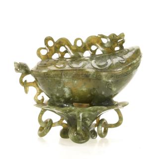 Appraisal: Chinese spinach jade boat-form vessel and cover th c loose