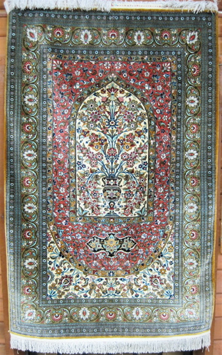 Appraisal: FINE SILK PRAYER RUG hand knotted all silk on silk