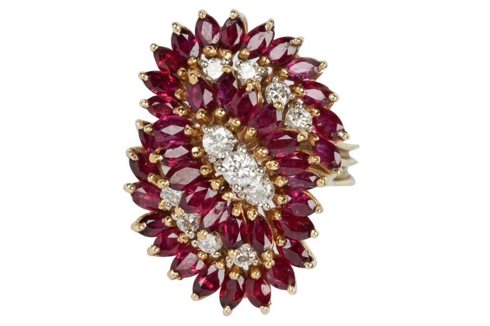 Appraisal: KARAT YELLOW GOLD DIAMOND RUBY RINGcontaining marquise mixed cut rubies