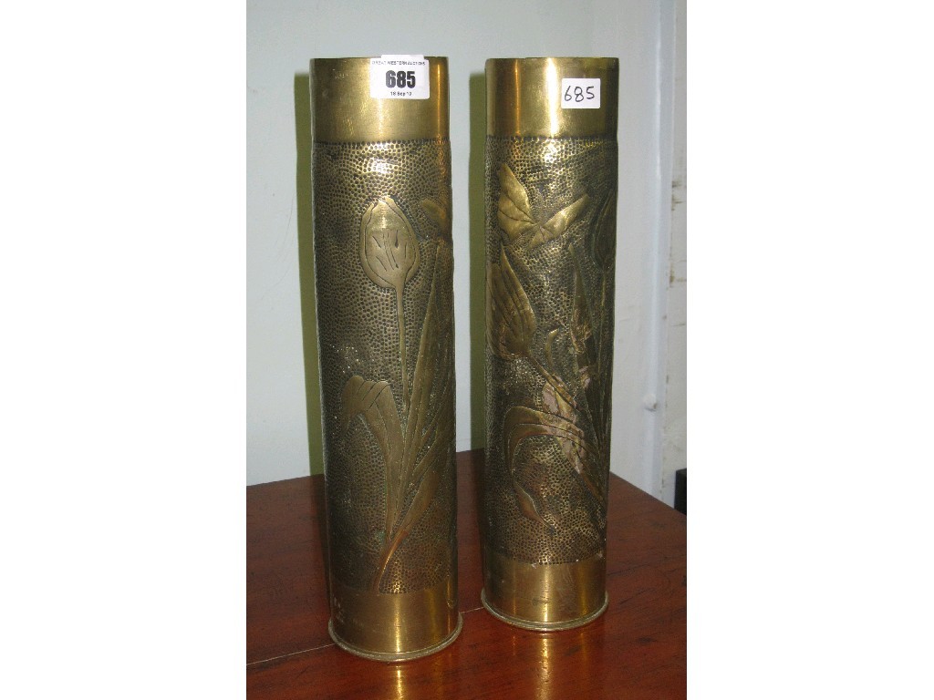 Appraisal: Pair of embossed brass shell case vases