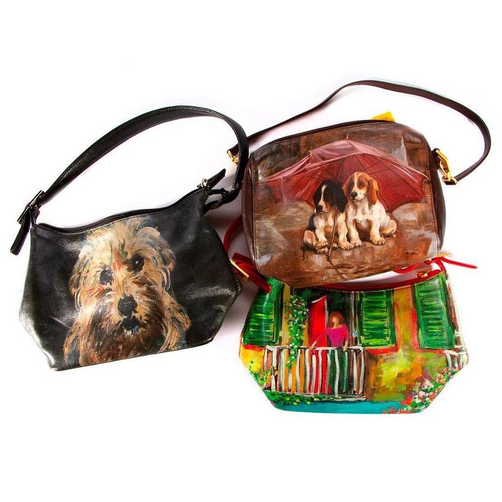 Appraisal: Three Icon Los Angeles painted leather handbags measuring from x