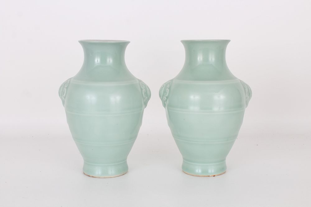 Appraisal: Chinese Longquan Glazed Vases Marked Chinese Longquan Glazed Porcelain Vases