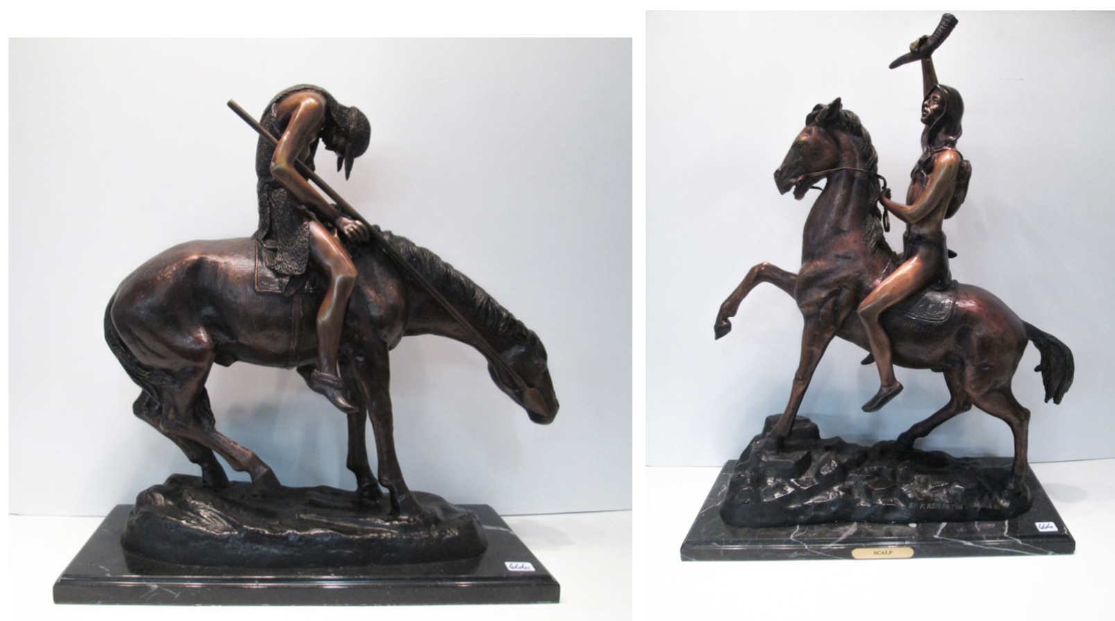 Appraisal: TWO PATINATED BRONZE SCULPTURES depicting American Indian figures on horseback