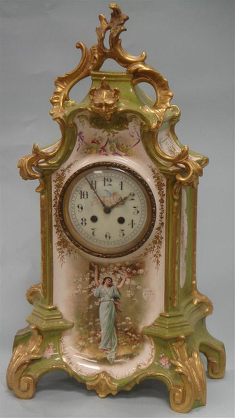 Appraisal: Royal Bonn porcelain mantle clock Rococo style case lower panel