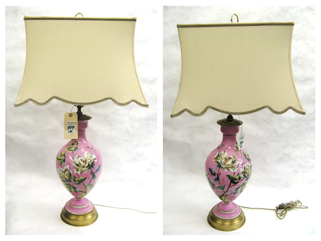 Appraisal: PAIR TABLE LAMPS the Bristol glass footed bases hand painted