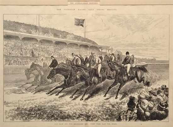 Appraisal: AUSTRALASIAN SKETCHER DOUBLE PAGE WOOD ENGRAVING 'The Race For The