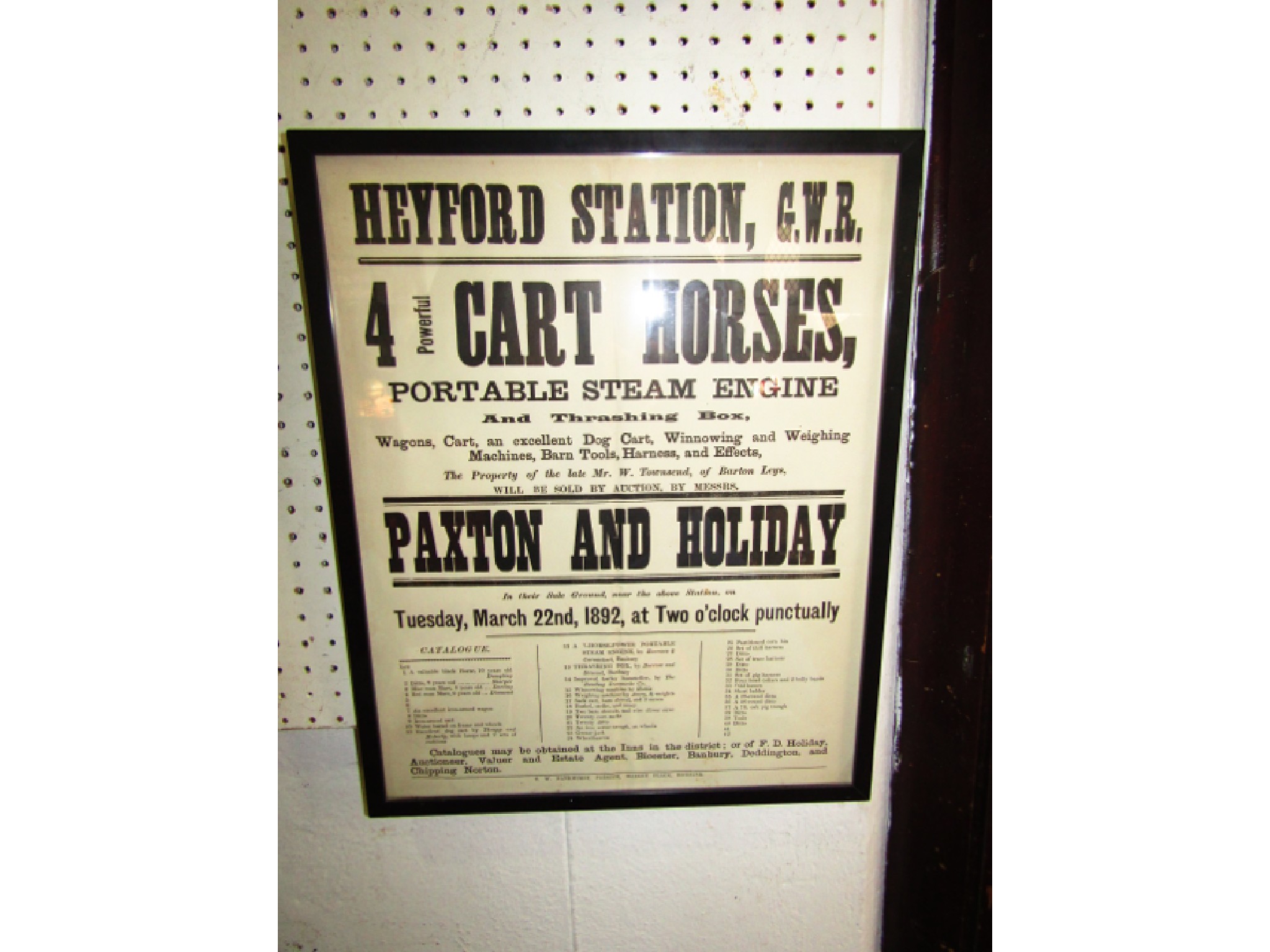 Appraisal: A framed and glazed auction poster marked Heyford Station GWR