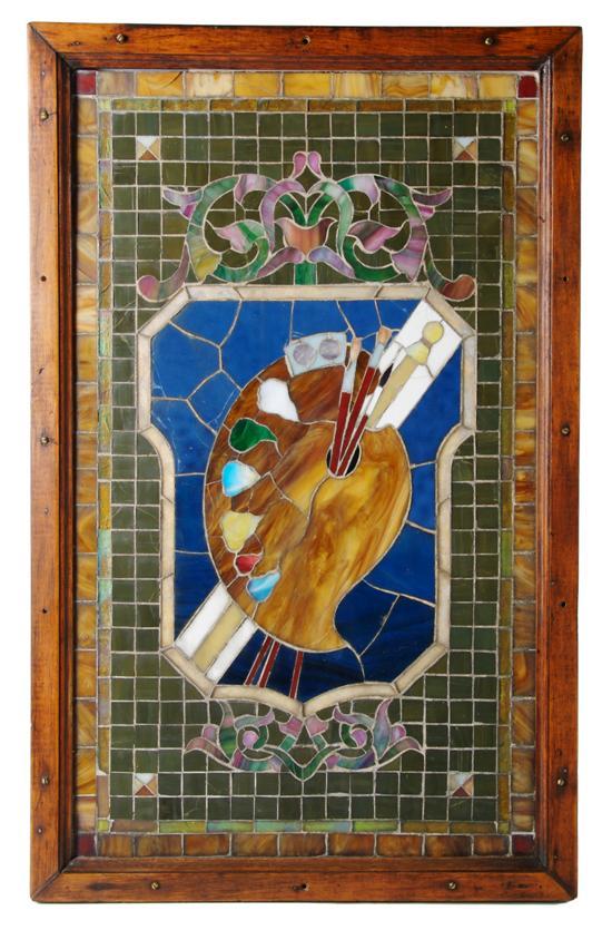 Appraisal: n Iridescent and Opalescent Glass Mosaic Panel depicting a shield