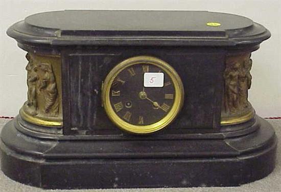 Appraisal: Black slate mantle clock ovoid with cast metal classical figures