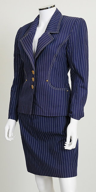 Appraisal: A s navy blue pinstripe Herm s skirt suit jacket