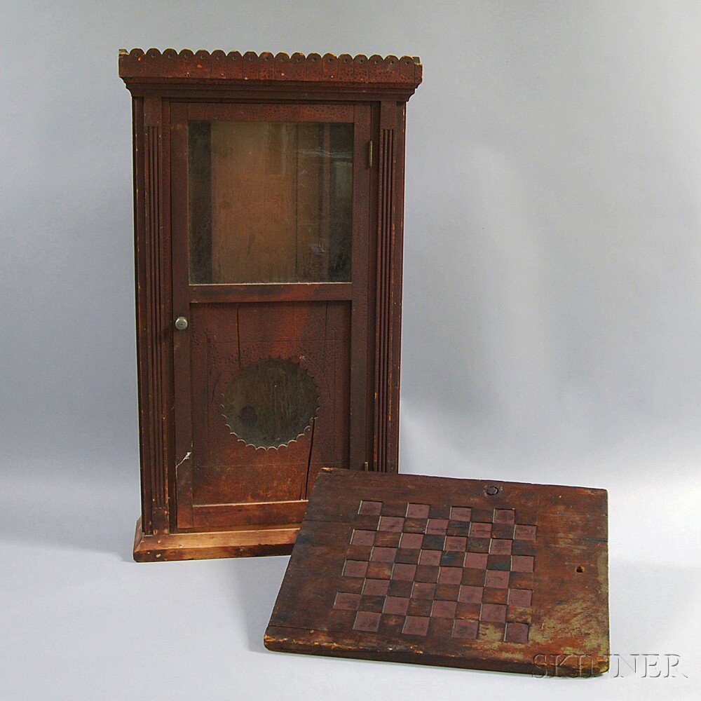 Appraisal: Carved and Red-painted Game Board and Clock Case the double-sided