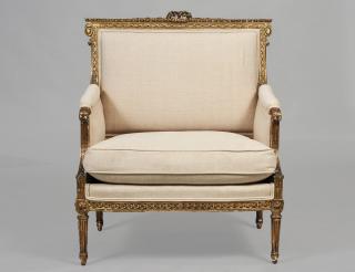 Appraisal: LOUIS XVI STYLE CARVED AND GILTWOOD BERGERE BY ALEXANDER PIHOUEE