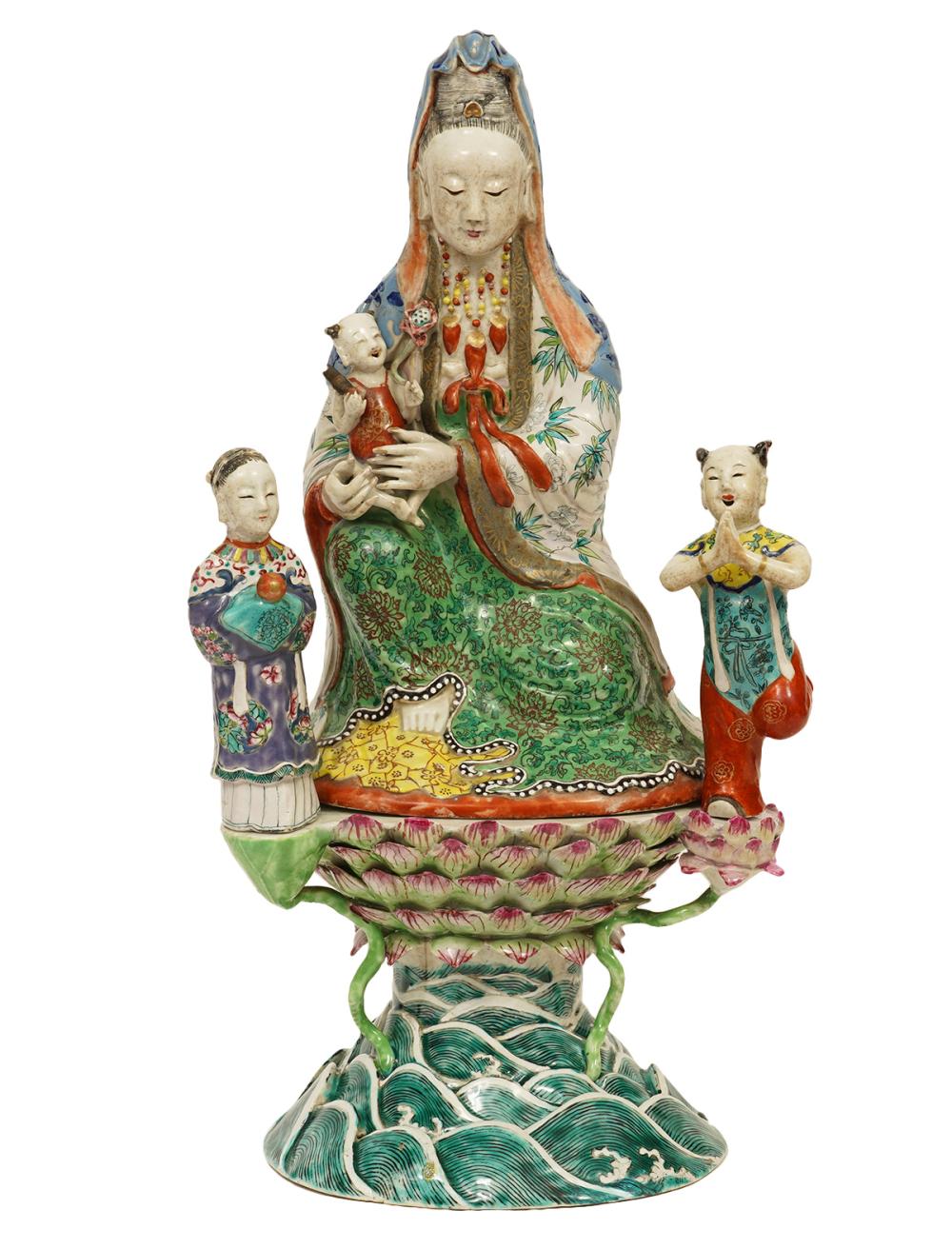 Appraisal: CHINESE FAMILLE ROSE PORCELAIN GUANYIN ON PEDESTAL POSSIBLY QING DYNASTYChinese