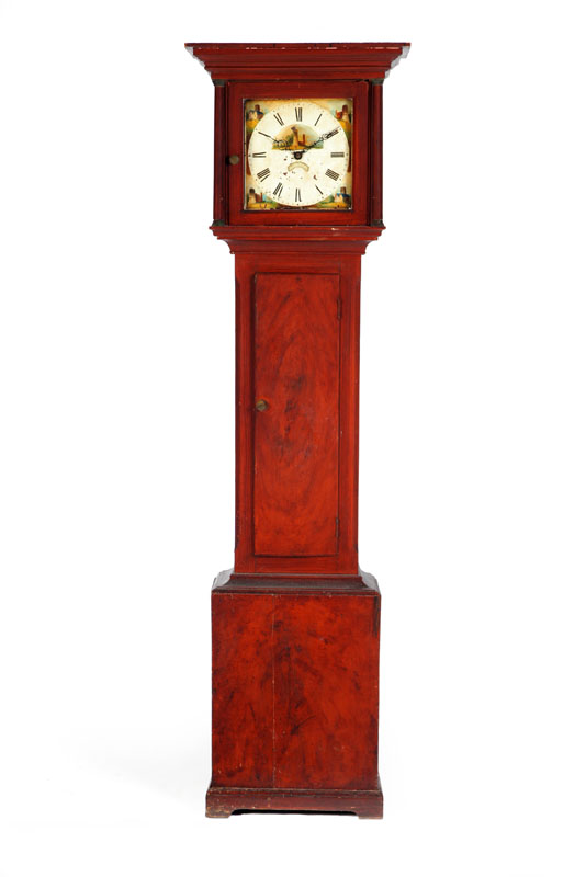 Appraisal: DECORATED TALL CASE CLOCK American early th century Pine with