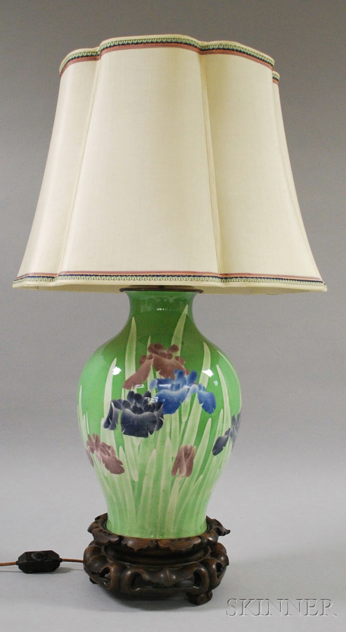 Appraisal: Large Japanese Iris Decorated Ceramic Vase Table Lamp with Carved