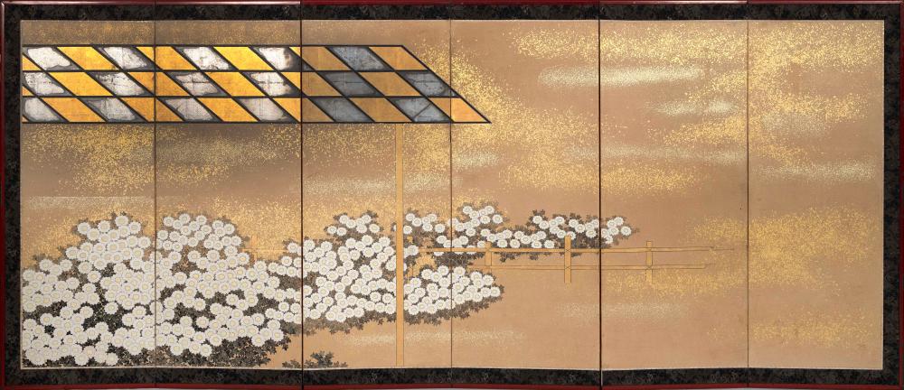 Appraisal: JAPANESE SIX-PANEL SCREEN CIRCA HEIGHT LENGTH JAPANESE SIX-PANEL SCREEN Circa