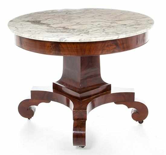 Appraisal: American Classical mahogany and marbletop center table circa circular gray-veined