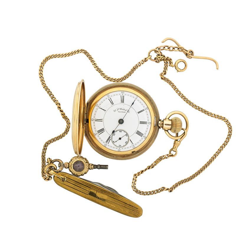 Appraisal: K GOLD HUNTER CASE WATCH AND CHAIN Four bodied by