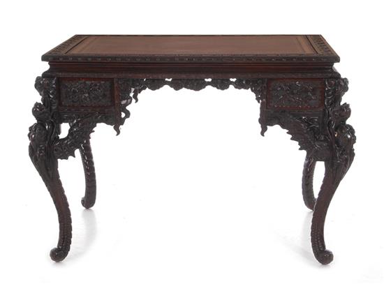 Appraisal: Asian carved hardwood writing desk late th century incise-carved rectangular