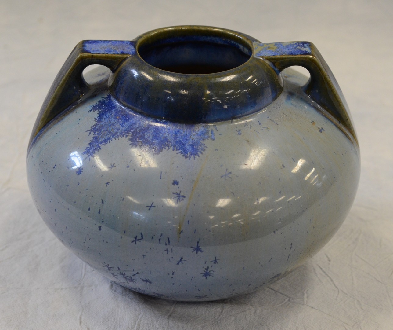 Appraisal: Fulper Pottery blue double handled vase crystalline glaze h x