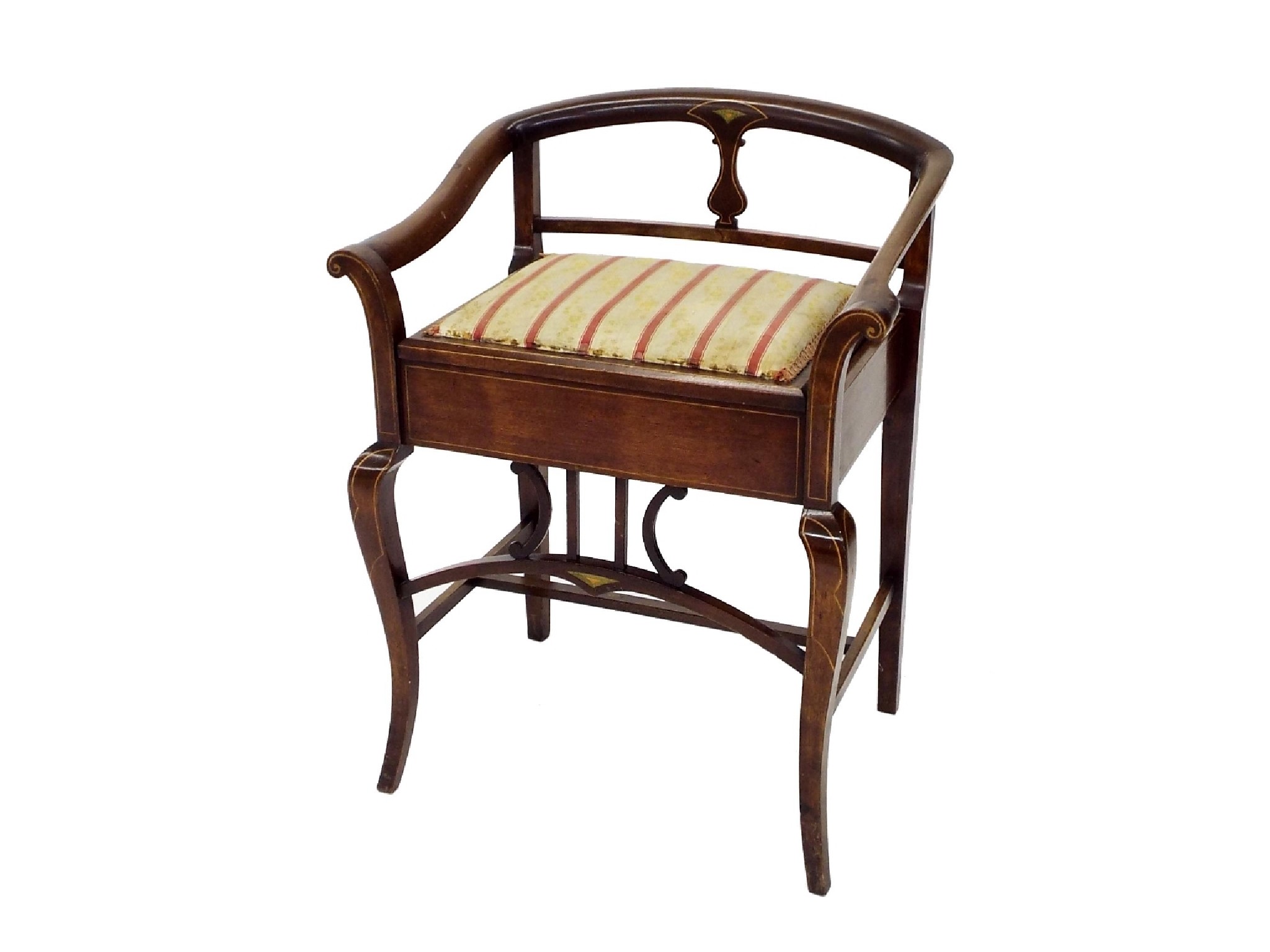 Appraisal: Edwardian walnut music stool the raised back with boxwood inlay