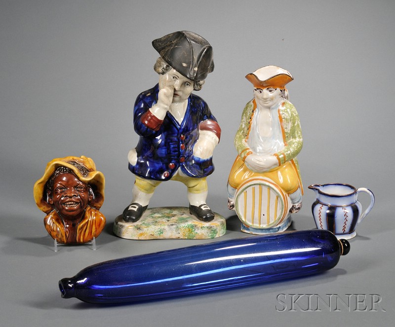 Appraisal: Four British Pottery Items and a Cobalt Blue Blown Glass