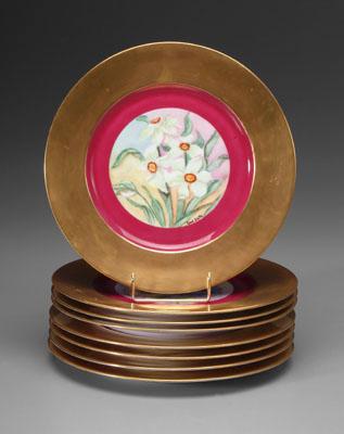 Appraisal: Eight hand-painted Bavarian plates hand-painted floral bouquets with cranberry and