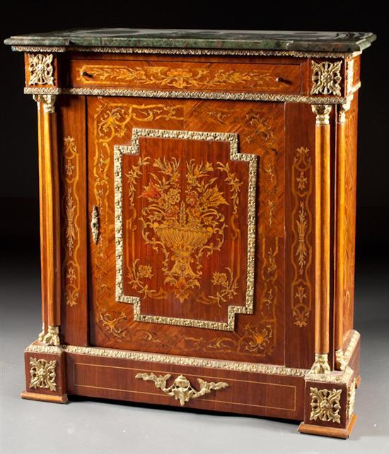 Appraisal: Louis XVI style brass-mounted marquetry inlaid marble top side cabinet