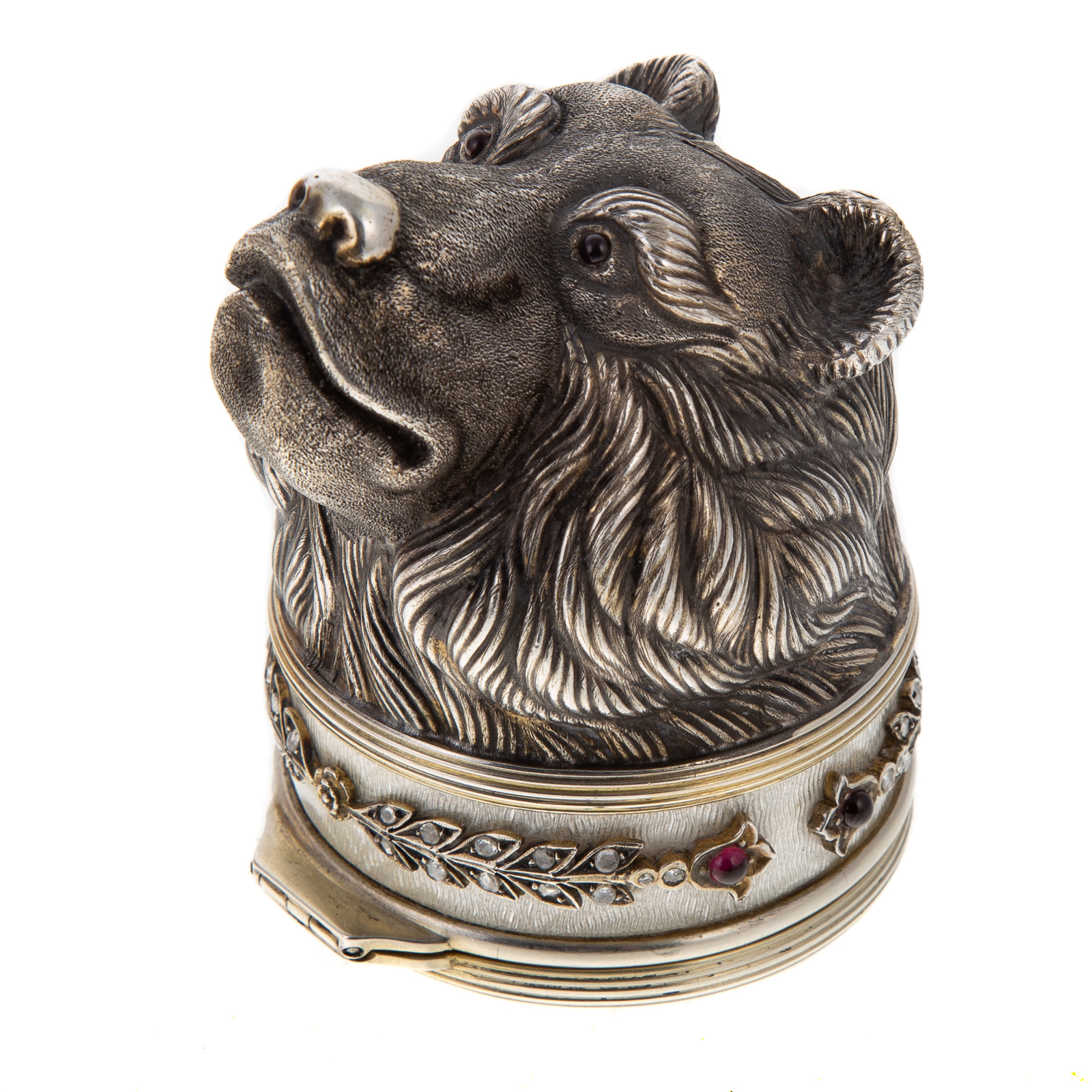 Appraisal: RUSSIAN SILVER GUILLOCHE JEWELED BEAR PILL BOX In the style