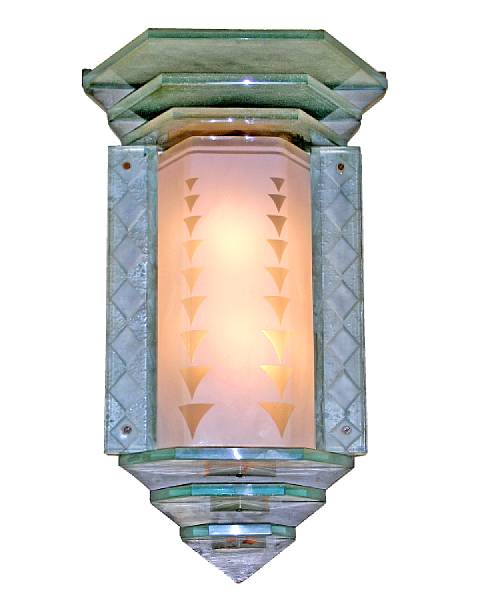 Appraisal: A French Art Deco frosted glass and wood geometric columnar