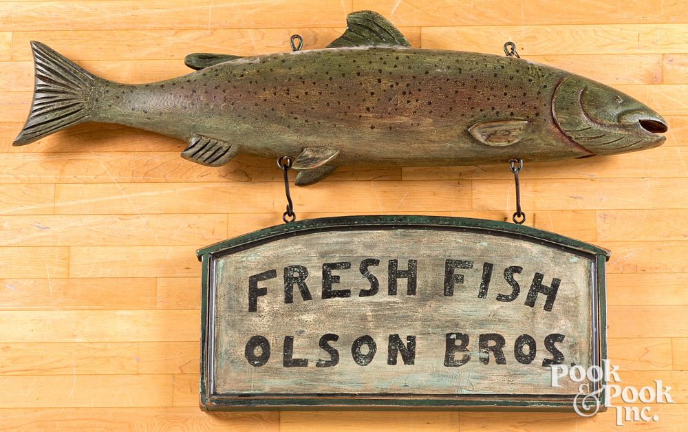 Appraisal: Contemporary carved painted fish trade sign Contemporary carved and painted