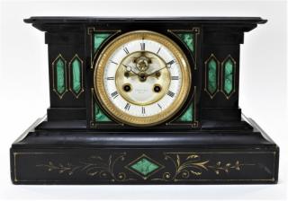 Appraisal: E Howard Co Black Marble Malachite Mantel Clock FRANCE TH