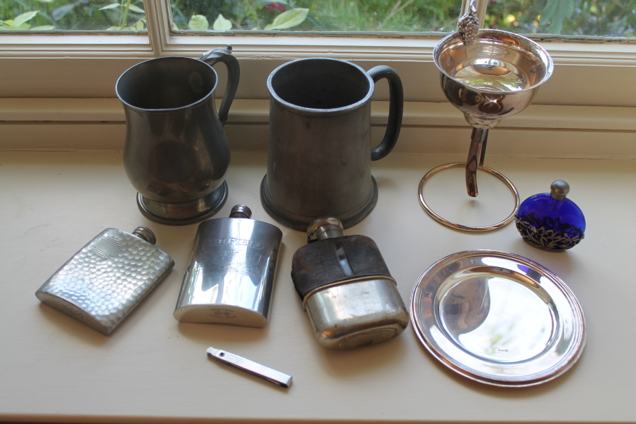 Appraisal: A wine funnel and stand and hipflasks etc