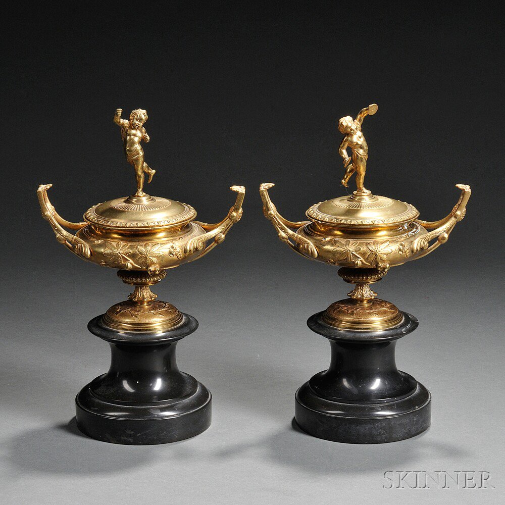 Appraisal: Pair of Bronze Covered Urns France th century each circular